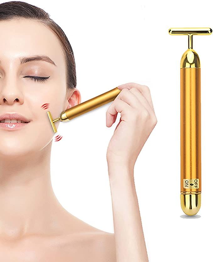 Golden T-Bar Vibrating Facial Massager | Waterproof Electronic Face Roller