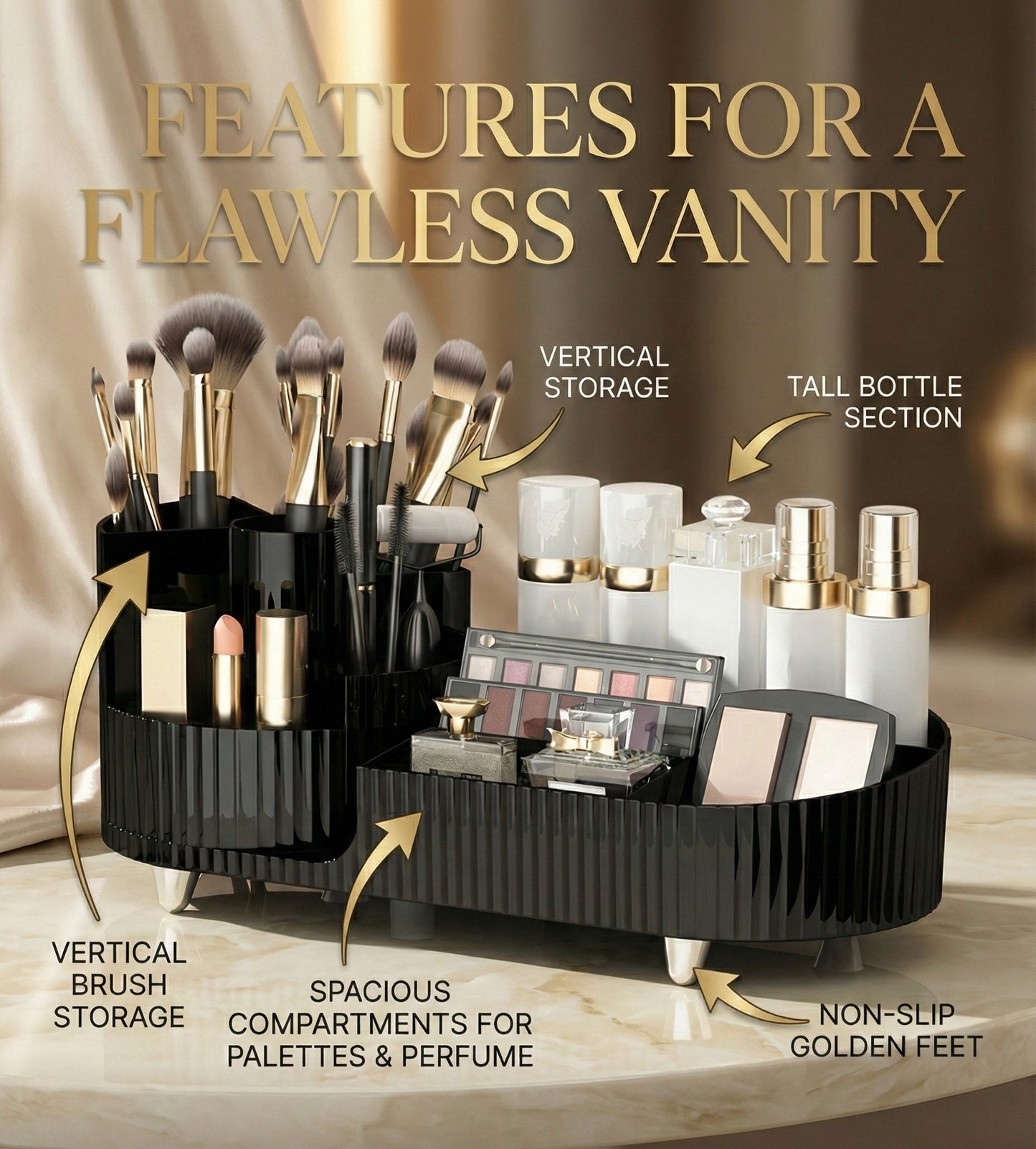 Luxury Black Vanity Organizer with Multiple Compartments