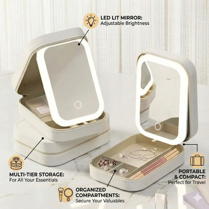 Travel Jewelry Makeup Box with LED Lighted Mirror