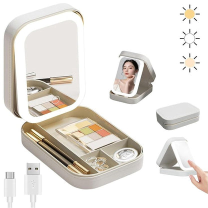 Travel Jewelry Makeup Box with LED Lighted Mirror