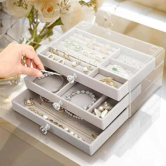 3-Layer Velvet Jewelry Box with Clear Lid
