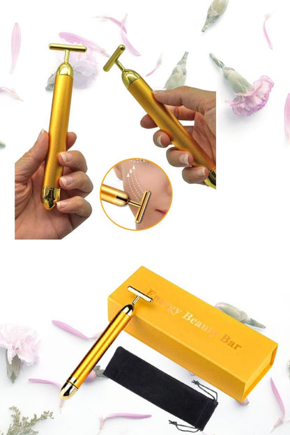 Golden T-Bar Vibrating Facial Massager | Waterproof Electronic Face Roller